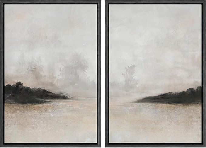 SIGNFORD Framed Canvas Print Wall Art Set Misty Horizon Soft Neutral Toned Landscape Illustration Modern Art Decorative Nordic Nature for Living Room, Bedroom, Office - 24"x36"x2 Black