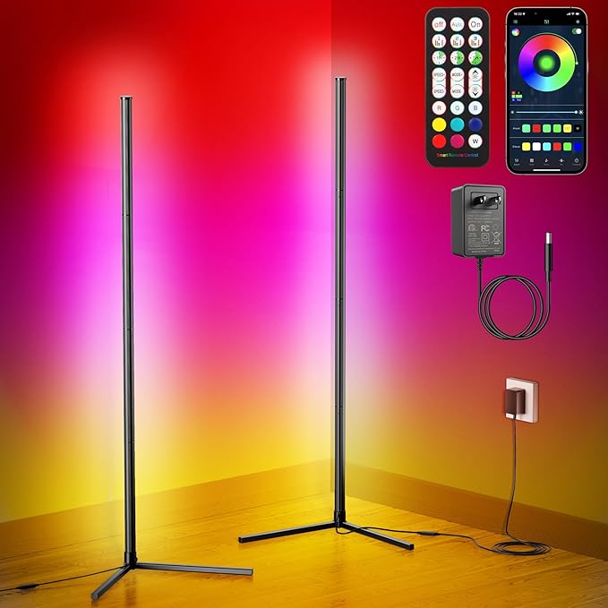 2Pack Corner Floor Lamp, Modern LED Corner Lamp with AC Adapter & APP & Remote Control, 16 Million Colors, 68+ Scene Modes, Music Sync, Ambient Lighting for Living Room, Bedroom, and Gaming Room