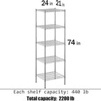 21" Deep x 24" Wide x 74" Height Wire Shelving Kit | 5-Tier | NSF Commercial Storage Rack Unit