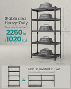 SONGMICS 5-Tier Storage Shelves, Heavy-Duty Garage Shelving, Adjustable Shelving Unit, Steel Shelf, Boltless Assembly, for Garage, 2,250 lb Load, 18 x 72 x 72 Inches, Ink Black UGLR453B02