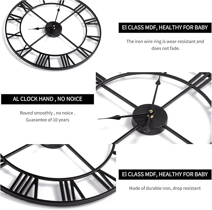 Large Wall Clock, Metal Retro Roman Numeral Clock, Modern Round Silent Wall Clocks, Easy to Read for Living Room/Home/Kitchen/Bedroom/Office/School Decor (Black, 18.5 Inch)