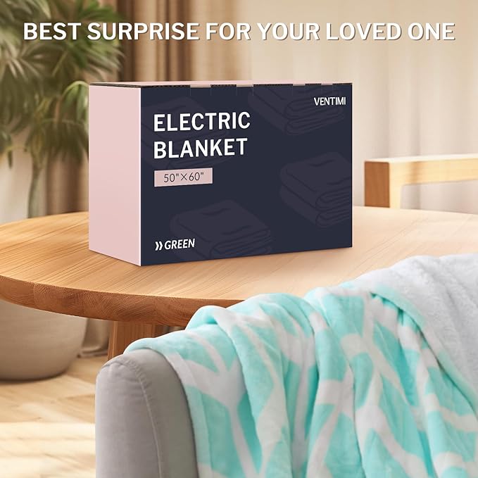VENTIMI Electric Blanket Heated Throw, 50" x 60" Heated Blanket with 5 Heat Levels & 3 Hours Auto Off, Fast Heating Blankets with ETL & FCC Certification, Green