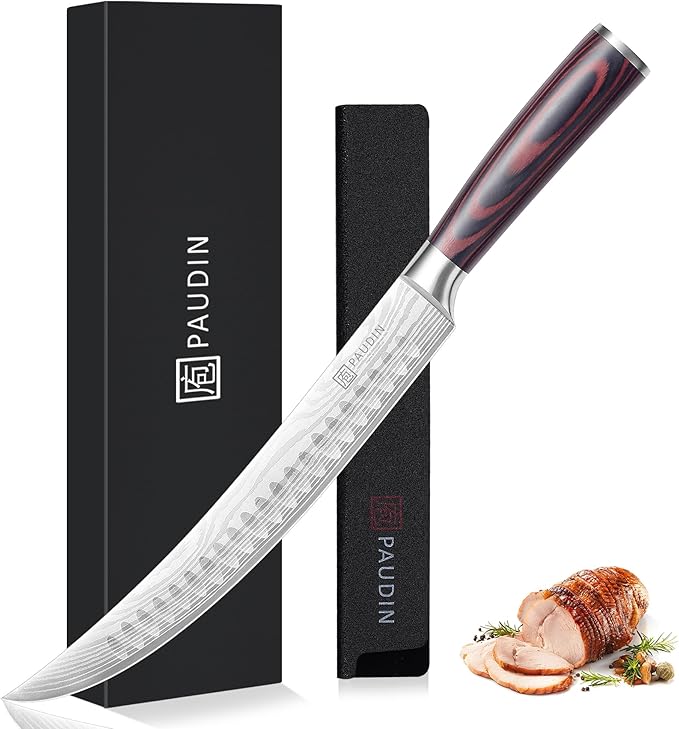 PAUDIN Carving Knife, 10 Inch Butcher Knife, Forged High Carbon German Stainless Steel, Razor Sharp Curved Brisket Slicing Kinfe for Poultry Beef Pork Meat Cutting, Ergonomic wood Handle Design