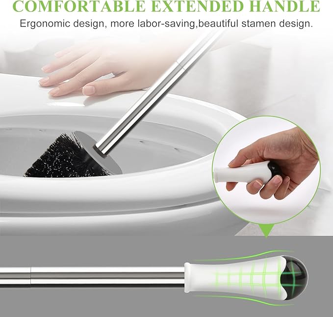 Toilet Brush and Holder, Compact Size Toilet Bowl Brush with Stainless Steel Handle, Small Size Plastic Holder Easy to Hide, Space Saving for Storage, Drip-Proof, Easy to Assemble, Deep Cleaning