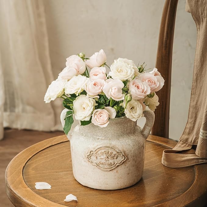 Rustic Ceramic Vase, 5.8 Inch Distressed Wide Mouth Vase with Ice Cracked Glazed, Farmhouse Vintage Flower Vases for Home Office Decor Living Room Bedroom Table Centerpiece Decorations