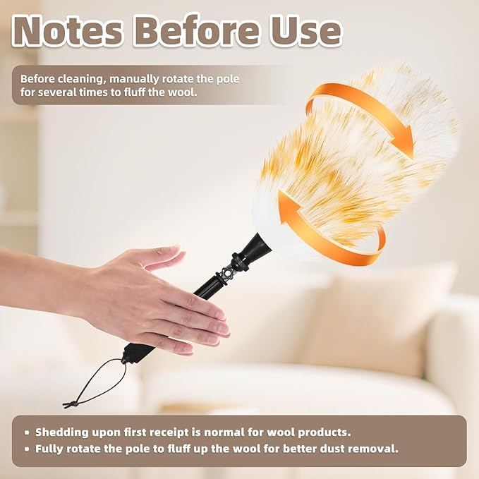 Extendable Lambswool Duster with 23-47 inch Bendable Aluminium Alloy Pole, Natural Fluffy Reusable Wool Duster for Cleaning High Ceilings, Pendant Lamps, Blinds, Furniture and Roof