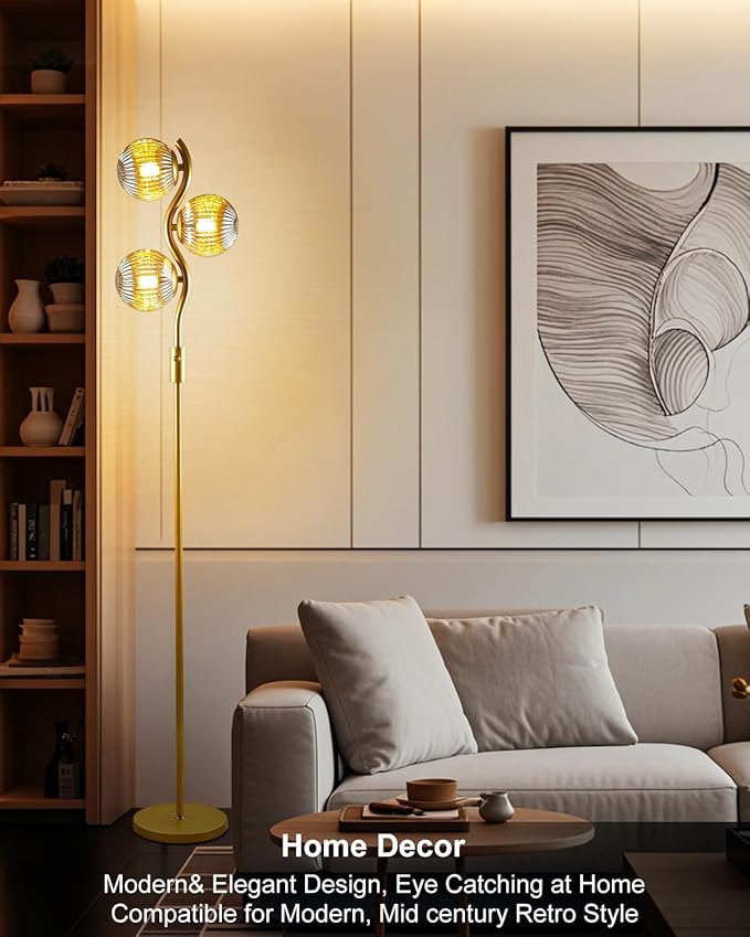 Lightdot 60IN Dimmable Gold Floor Lamp with 3 Glass Globe Mid Century Standing Lamps with 3Pcs 3000K Soft Warm White G9 Bulbs Stepless Brightness Adjustable Modern Tall Lamp for Bedroom Office