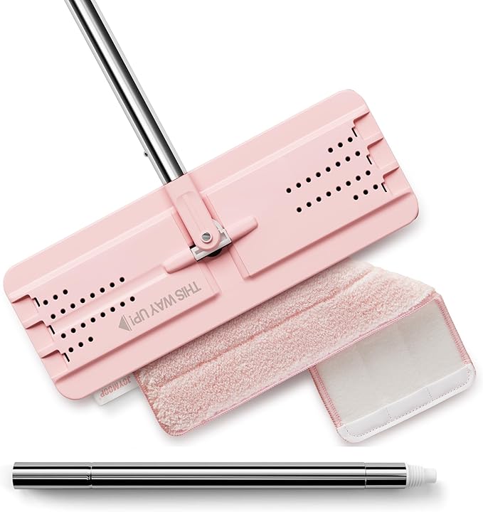 JOYMOOP Flat Mop, Microfiber Mops for Floor Cleaning, 60" Long Handle with Flexible 13" Flat Head, Pink