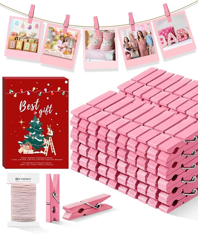 Clothes Pins Mini Clothespins Pink - 100 PCS Wooden Small Clothespins for Pictures with Jute Twine Tiny Photo Paper Clip, Ideal for Baby Shower, Crafts, Chip Clips, Home Office Decoration