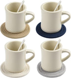 11oz Ceramic Diner Coffee Mug set Stoneware Coffee Cups Set for Restaurant, Diner, Farmhouse, Coffee Shop, Home set of 4 with Coffee spoons and Woven Coasters (Cream)
