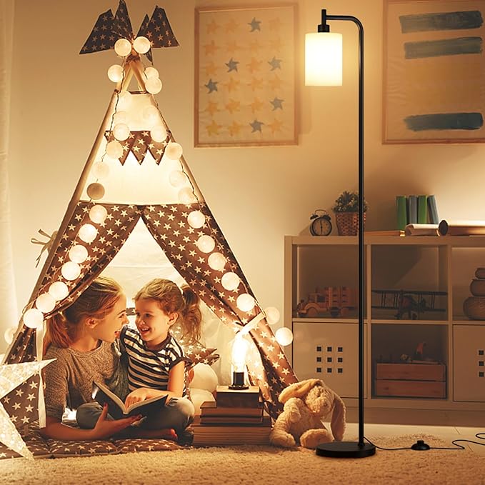 Floor Lamps for Living Room - Standing Lamp with Remote Control Glass Shade, Modern Floor Lamp with LED Bulbs, Bright Industrial Floor Lamp for Bedroom, Black Tall Lamp for Office