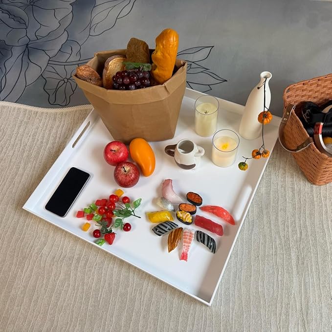 Glossy White 21"X21"X2" Decorative Tray Extra Large Sturdy Acrylic Serving Tray with Handles Countertop Organizer Tray for Ottoman Kitchen Bathroom Office Bar Decorative Tray