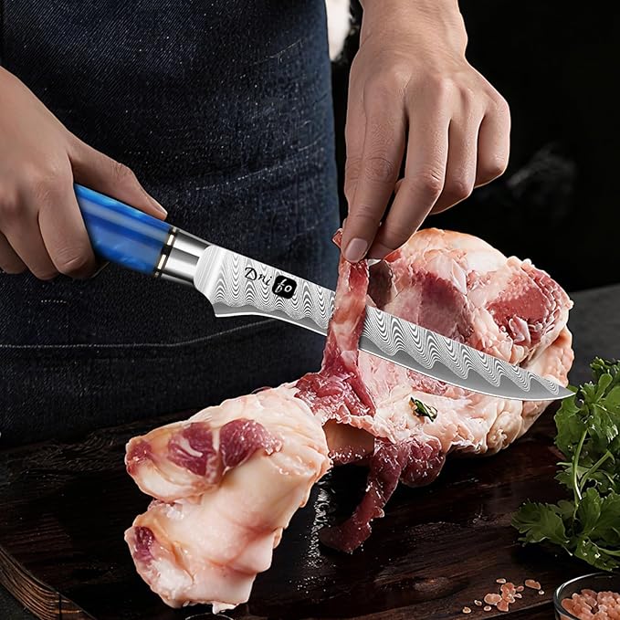 Fillet Knife 6 Inch Damascus Boning Knife for Meat Fish and Poultry Cutting with Super Sharp Japanese Blade with Gift Box and Resin Wood Handle, Ideal Gift for Men and Women