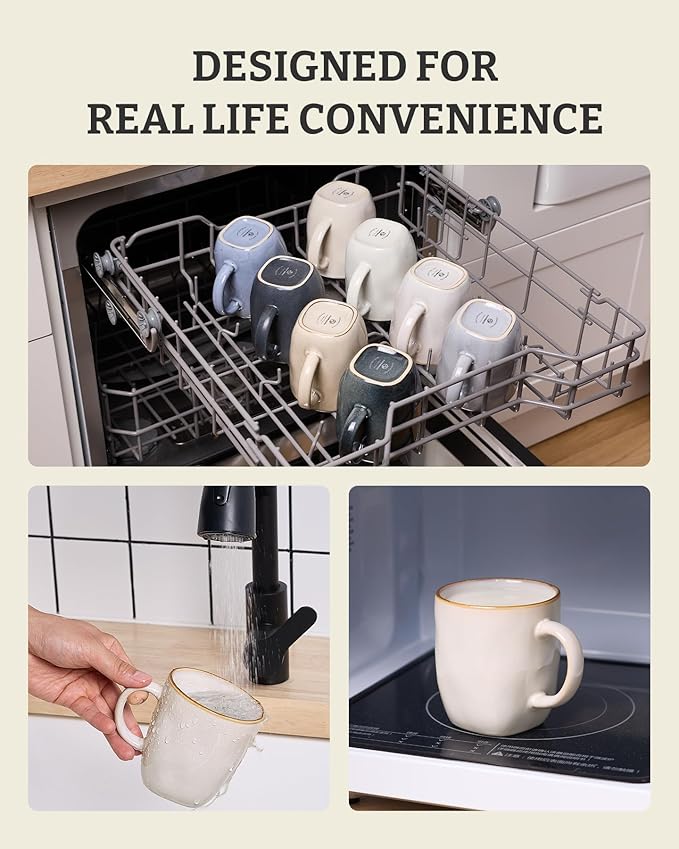 famiware Coffee Mugs Set of 6, Ocean Square 13oz Coffee Cup Set with Handle for Cocoa, Milk, Hot Chocolate, Tea, Water, Stoneware Cups for Kitchen, Microwave and Dishwasher Safe, Cappuccino White