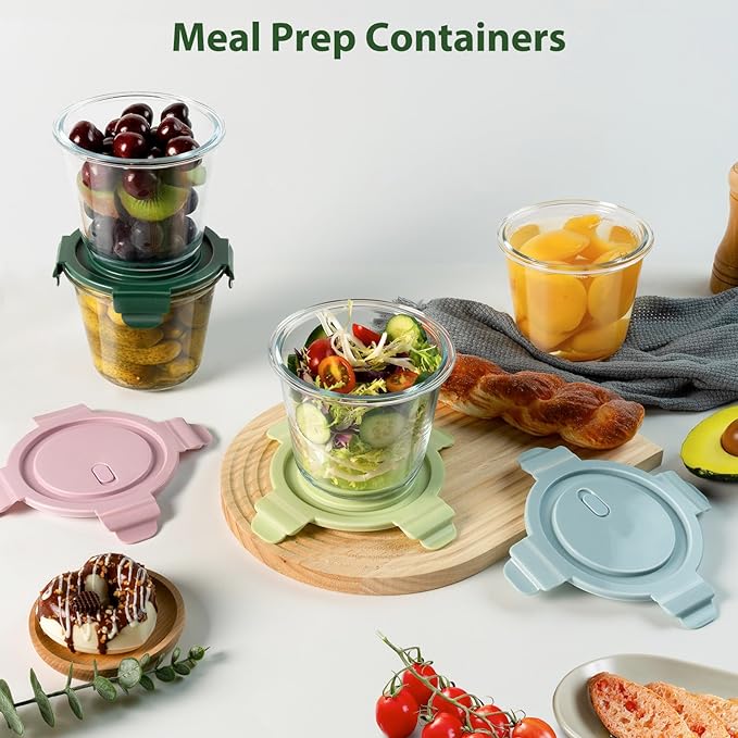 23oz Glass Meal Prep Containers with Lids, Airtight 3-Cup Glass Storage Containers Set, Heat-Resistant BPA-Free for Soup, Leftover, Microwave, Dishwasher, Fridge and Freezer Safe (4 Packs)