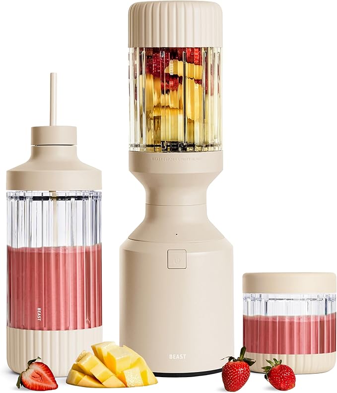 Beast Mega 1200 Plus | Premium Countertop Blender | Smoothies, Shakes, Sauces, Dips, Soups | Blends Ice and Frozen Fruit | XL Vessel | With Extra Vessels, Straw System | 1200W | (Sand, 120V)