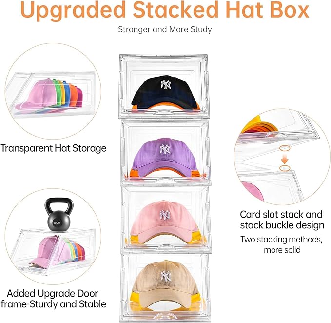2 Pack Hat Organizer for Baseball Caps,Large Clear Cap Organizer with Drawer,Hats Holder Box for Closet with Sliding Tray,Stackable Hat Rack Display Case,Multi-use Hat Case for Caps,Each Holds 12 Hats