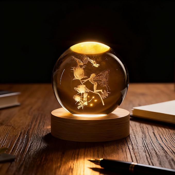 Fairy Crystal Ball, 3D Laser Engraved Rose Butterfly Glass Night Light, Decorative Globe Crystal Lamp Sphere, Decorative Light Gifts for Girls, Her, Fairy Lovers