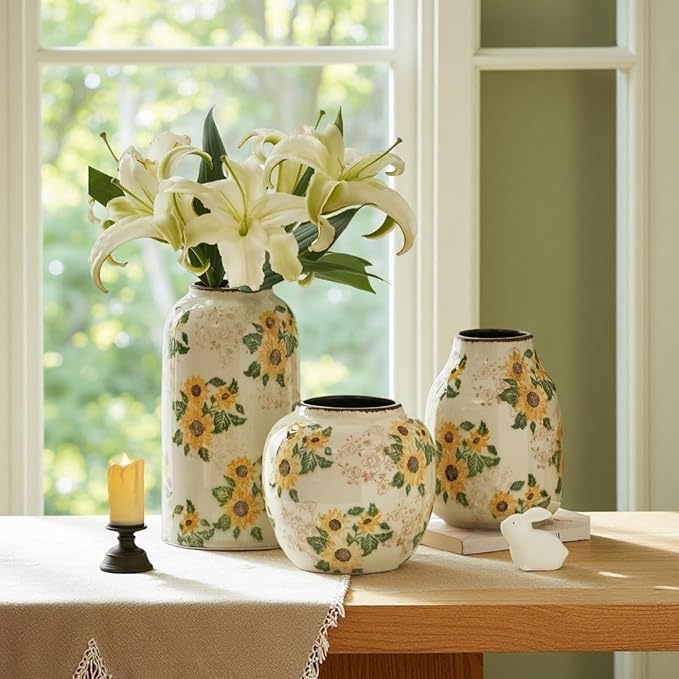 Levvohd Vintage Ceramic Vase, 10.6 Inch Chinoiserie Sunflower Yellow Floral Vases, Retro Ice Cracked Rustic Antique Flower Vases for Modern Room Bathroom Shelf Home Decor (Large Cylinder)