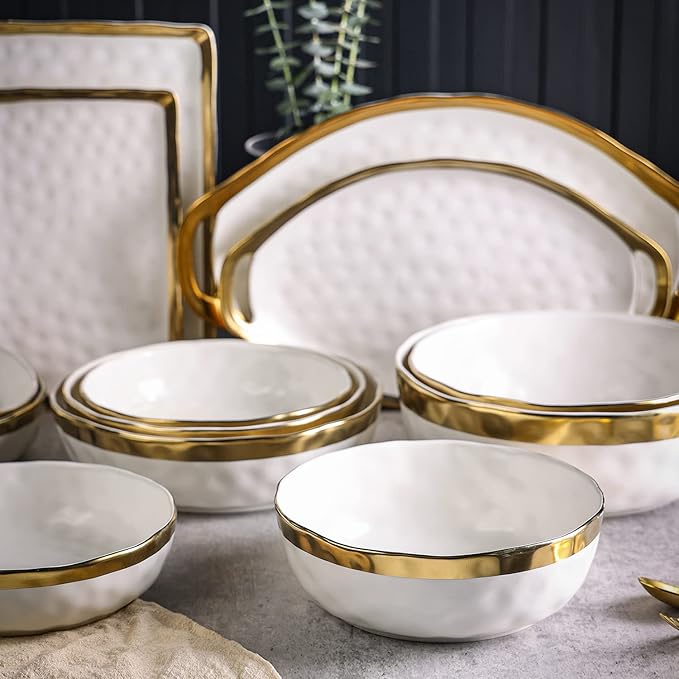 Stone Lain Florian Porcelain 3-Piece Round Bowl Service Set, White with Gold Rim