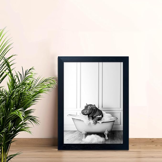 Framed Bathroom Decor Wall Art Black and White Canvas Print Cute Hippo in Bathtub Wall Art Bathrom Painting for Wall