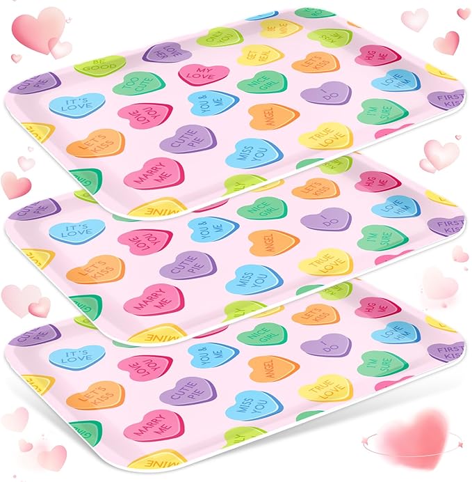 3Pcs 13 x 10 Inch Valentine's Day Serving Trays Candy Conversation Heart Platter Sweet Love Serving Dishes for Party Sharing Snacks Fruit Dessert Candy