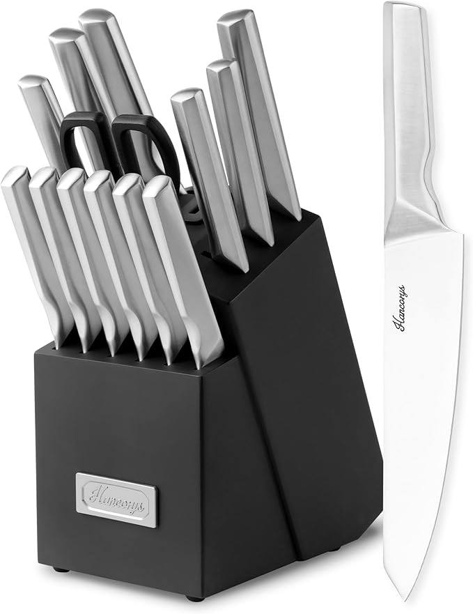 Kitchen Knife Set, Japanese Stainless Steel Knife Block Set with Built-in Sharpener, Sharp Knives with Non-slip Ergonomic Handle - Dishwasher Safe, Home Essential Gifts