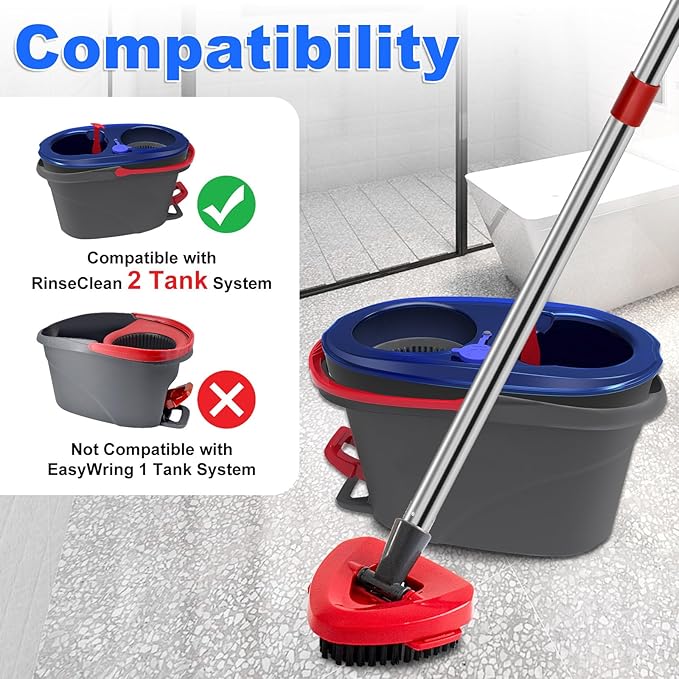 4-Section Stainless Steel Spin Mop Handles, Mop Base & Upgrade Scrub Brush Combo for Ocedar EasyWring RinseClean 2 Tank System, Mop Handle Mop Base & Brush Set for O Cedar, Universal Thin Screw Joints