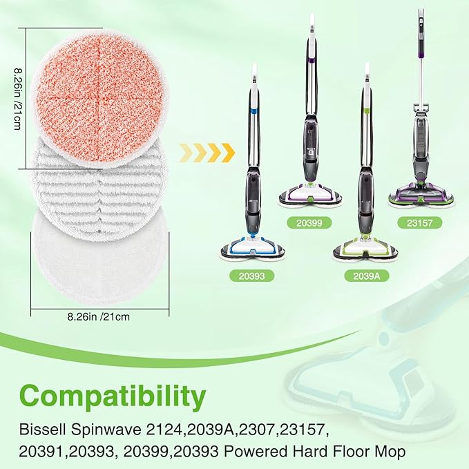 8 Pack Mop Pads Replacement Compatible with Bissell Spinwave 2124, 2039A, 2307, 23157, 23159, 20393, 20399 Hard Floor Spin Mop, 2 Soft Pads, 4 Scrubby Pads, 2 Heavy Scrub Pads