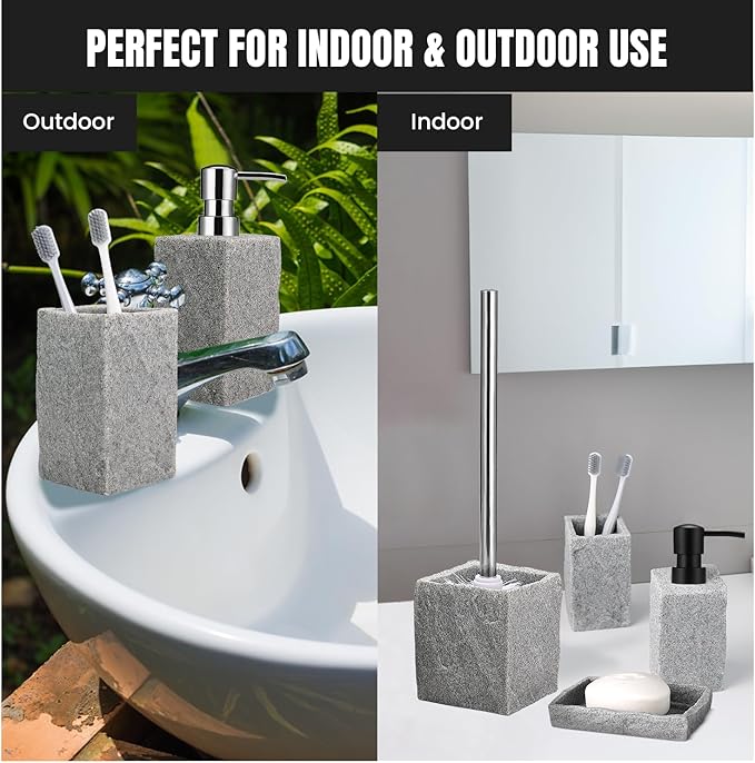 Bathroom Accessories Set - Soap Dispenser, Toothbrush Holder, Soap Dish, Toilet Brush & Toilet Brush Holder - Grey Stone Bathroom Accessories Set - Modern Bathroom Organizer Set (Silver)