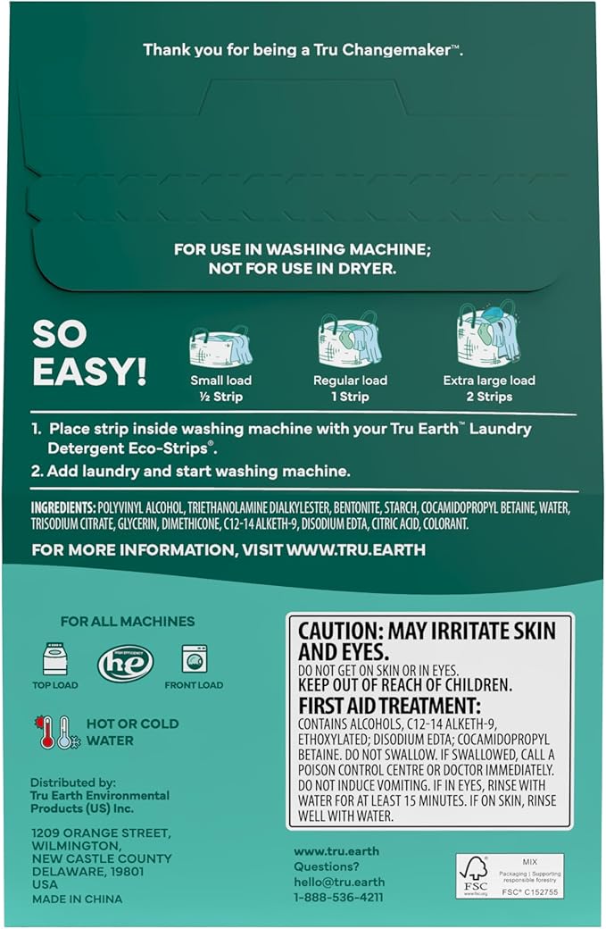 Tru Earth Fabric Softener Sheets | Original Eco-Strip Liquidless Detergent for Travel | 50 Sheets | Fragrance-Free