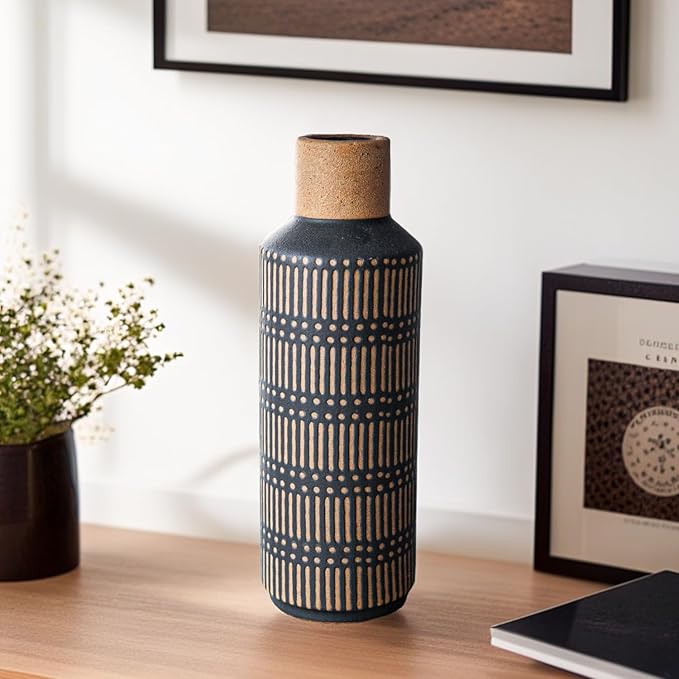 Rustic Ceramic Vase for Living Room Bedroom 11.02'' Antique Black Flower Vase for Bouquet Fake Plant Home Decor Office Table Shelf Fireplace Centerpieces Retro Vintage Classic Modern