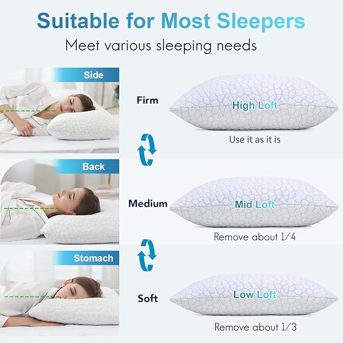 Shredded Memory Foam Pillows for Sleeping King Size Pillow, Cooling Gel Pillows for Hot Sleepers Cool Pillow for Side and Back Sleeper, Soft Yet Support Adjustable Bed Pillow, Gift for Women or Men
