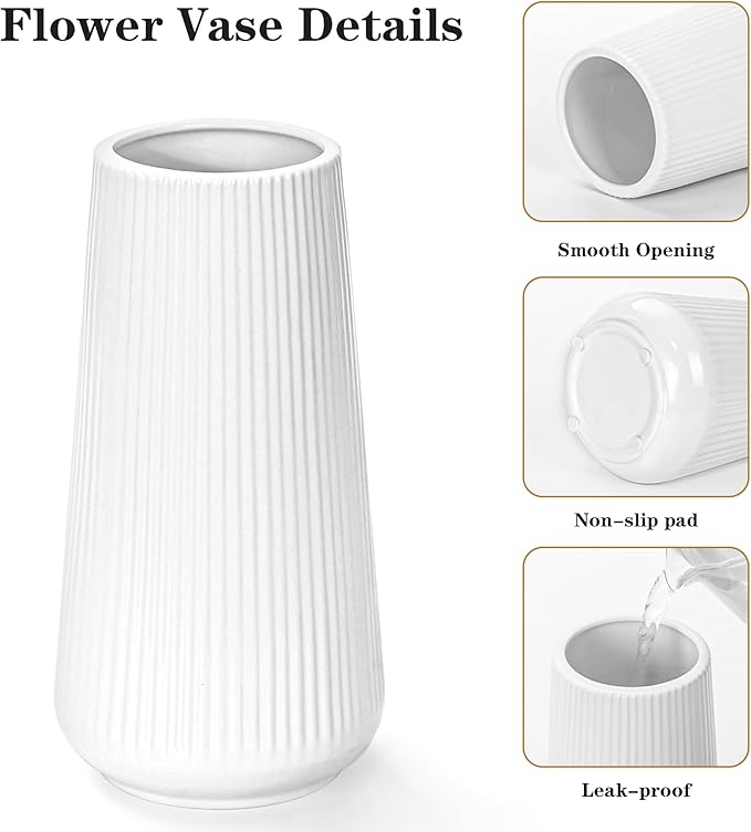 White Ceramic Vase, GUKJOB Small Cute Flower Vase for Pampas Grass, Home, Living Room, Dining Table, Farmhouse, Office Decor, Bedroom, Table, and Kitchen Shelf (White- 2PCS)