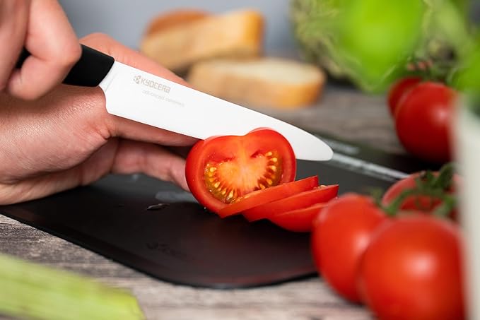 Kyocera Advanced Ceramics – Revolution Series 3-Piece Ceramic Knife Set: Includes 6-inch Chef's Knife; 5-inch Micro Serrated Knife; and 3-inch Paring Knife; Black Handles with White Blades