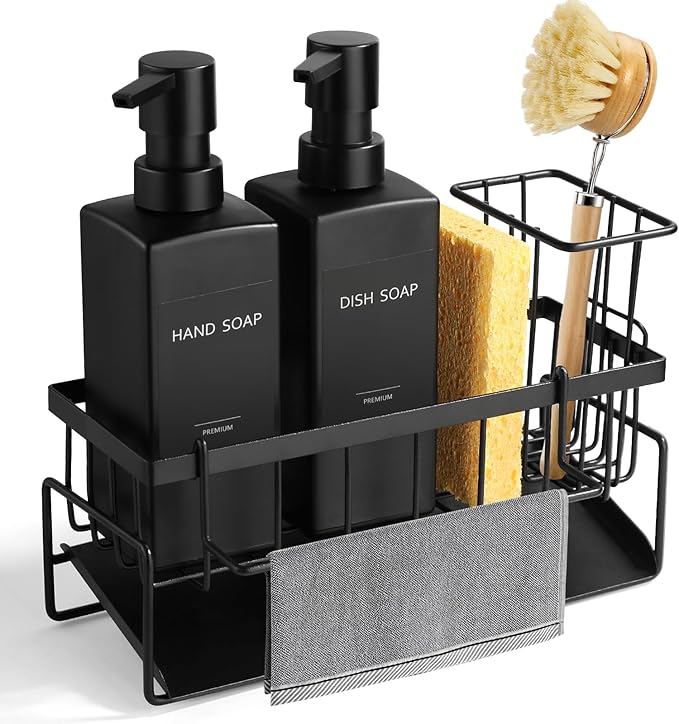GMISUN Dish Soap Dispenser, 12 fl oz / 350 ml Dual Kitchen Soap Dispensers with Sponge Holder, Customized Matte Black Kitchen Soap Dispenser Set, Modern Hand and Dish Soap Bottle Set Removable