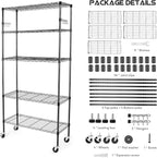 YNN Storage Shelves,1750Lbs 5 Tier Heavy Duty Metal Rolling Shelving Unit with Wheels & 8 Hooks, Adjustable Garage Wire Rack for Kitchen, Bathroom,Industrial,Pantry(36" W x 14" D x 72" H,Black)