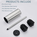 FORIOUS Toilet Brush and Holder Set Brushed Nickel, 304 Stainless Steel Long Handle and Heavy Duty Base for Bathroom Deep Cleaning, Drip-Proof, Space Saving for Storage, 2 Toilet Bowl Brush Head