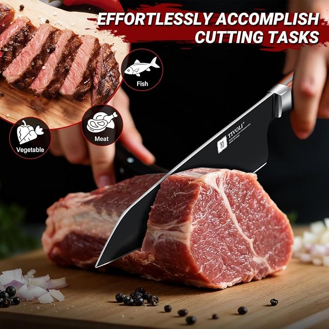 TIVOLI Chef Knife, 8 Inch Professional Cooking Knife, High Carbon Steel Ultra Sharp Deep Cutting Knife with Full Tang Ergonomic Wood Handle, Gift for Men Women Christmas