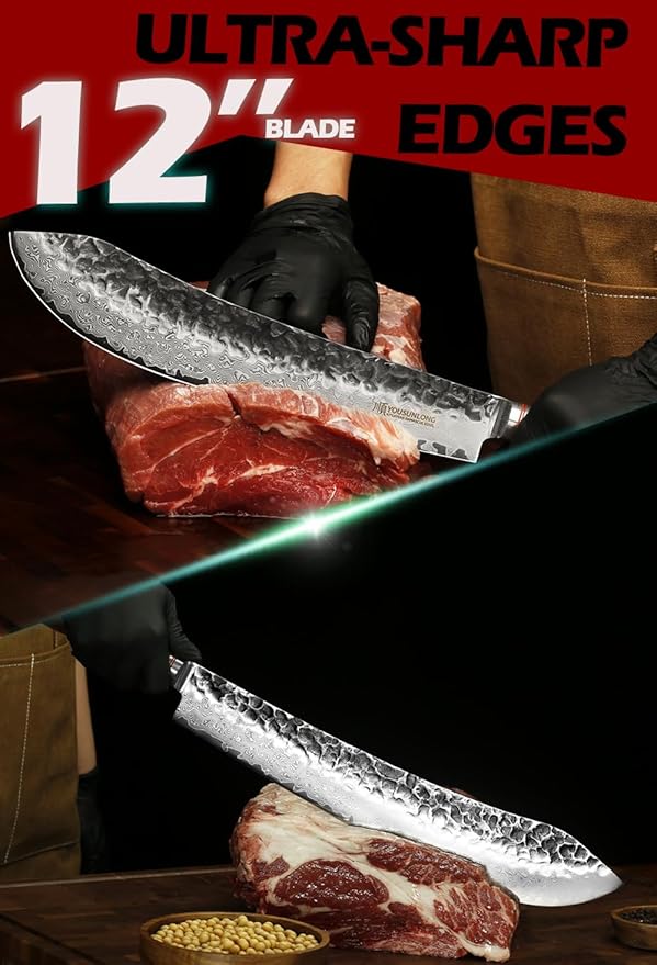 YOUSUNLONG Breaking Knives 12 inch Max Bull Nose Butcher Knife Japanese Hammered Damascus Steel Natural Walnut Wooden Handle