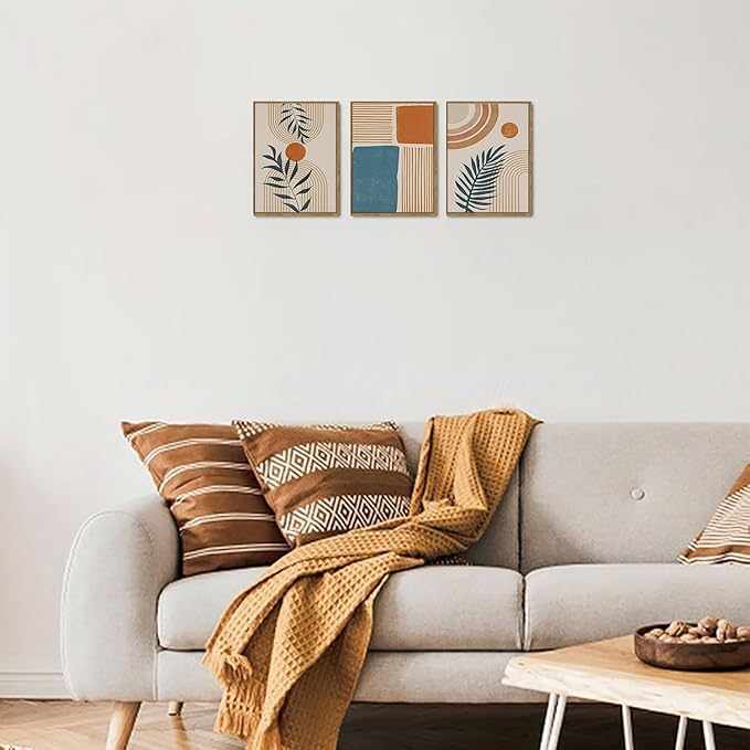 Bwodke Framed Boho Canvas Wall Art Mid Century Modern Prints Set of 3 Neutral Geometric Line Leaf Paintings Decor Minimalist Abstract Pictures Bedroom Living Room Bathroom