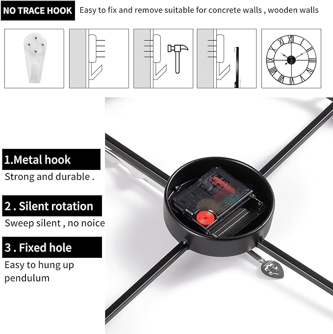 Large Wall Clock, Metal Retro Roman Numeral Clock, Modern Round Wall Clocks Almost Silent, Easy to Read for Living Room/Home/Kitchen/Bedroom/Office/School Decor (Gold, 18.5 Inch)