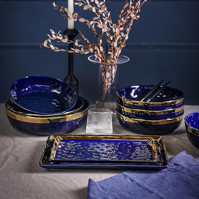 Stone Lain Florian Porcelain Large and Medium Rectangle Service Platters, Blue with Gold Rim