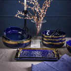 Stone Lain Florian Porcelain Large and Medium Rectangle Service Platters, Blue with Gold Rim