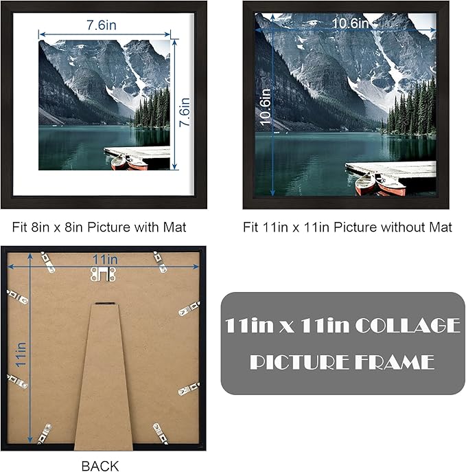 11x11 Black Picture Frame set of 3, Made of Wooden Square Photo frame - Displays 8x8 Picture With Mat or 11 x 11 Without Mat, Desktop and Wall Mounting Collage Frame set