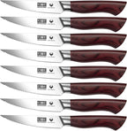 HOSHANHO Steak Knife Set 8 Pieces, 4.5 Inch Super Sharp High Carbon Stainless Steel Steak Knife Set, Professional Premium Serrated Precise Cutting with Ergonomic Wood Handle