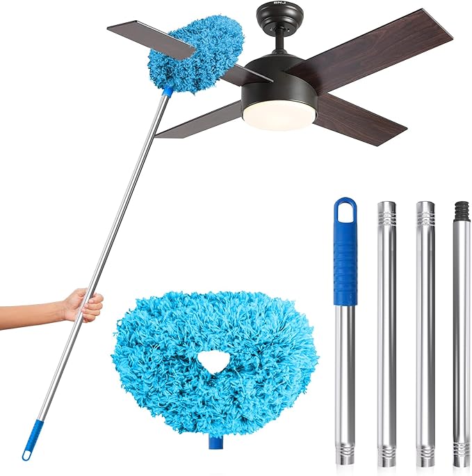 DRQ Ceiling Fan Cleaner Duster, Reusable Microfiber Duster with Extension Pole, 13 to 48 Inch Fan Blade Cleaner, Removable Dusters for Cleaning Walls Bookshelves Door Window Top (Blue)