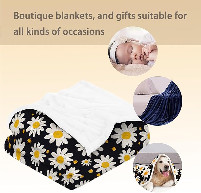 White Daisy Flowers Blanket - Soft Lightweight Cozy Floral Flannel Throw Blanket for Adults Kids Women Girls, Warm Fuzzy Blankets for Couch, Bed, Travel, Outdoor Use, Home Decor 80×60 in