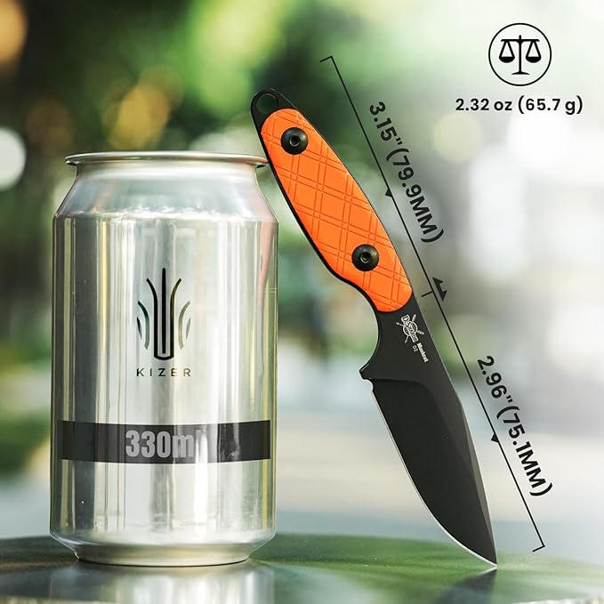 Kizer Muskrat Fixed Blade Knife, 3.15 In D2 Blade EDC Knife Argyle Pattern Orange G10 Handle Neck Knives for Men Women, Outdoor Hunting Hiking Survival Camping Knives with Sheath, 1064M2