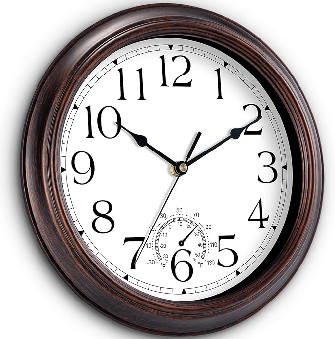 12 Inch Outdoor Wall Clock with Thermometers, Vintage Silent Wall Clocks Battery Operated, Retro Non-Ticking Clock Decorative for Living Room, Patio, Kitchen, Office, Bathroom, Bedroom(Bronze)